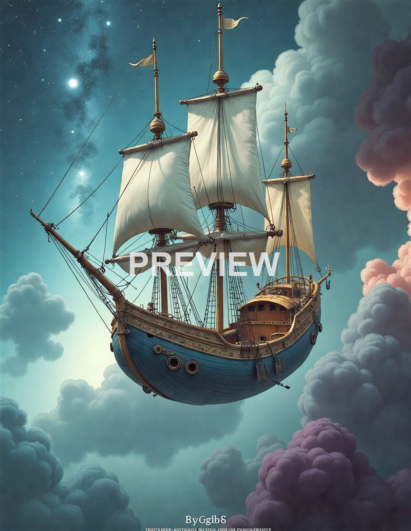 A detailed wooden sailing ship with multiple masts and sails floating among clouds in a starry sky, creating a surreal and fantastical scene.